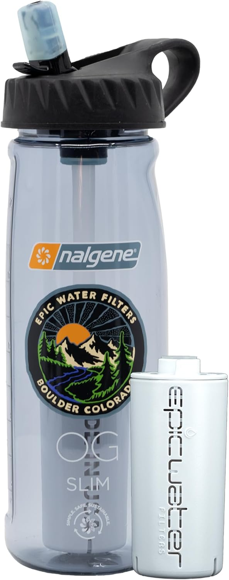 Nalgene OG Water Bottle with Filter, USA Made, BPA Free, Removes 99.99% Tap Water Contaminants, Forever Chemicals, Smoke Grey, 32 Oz image 0
