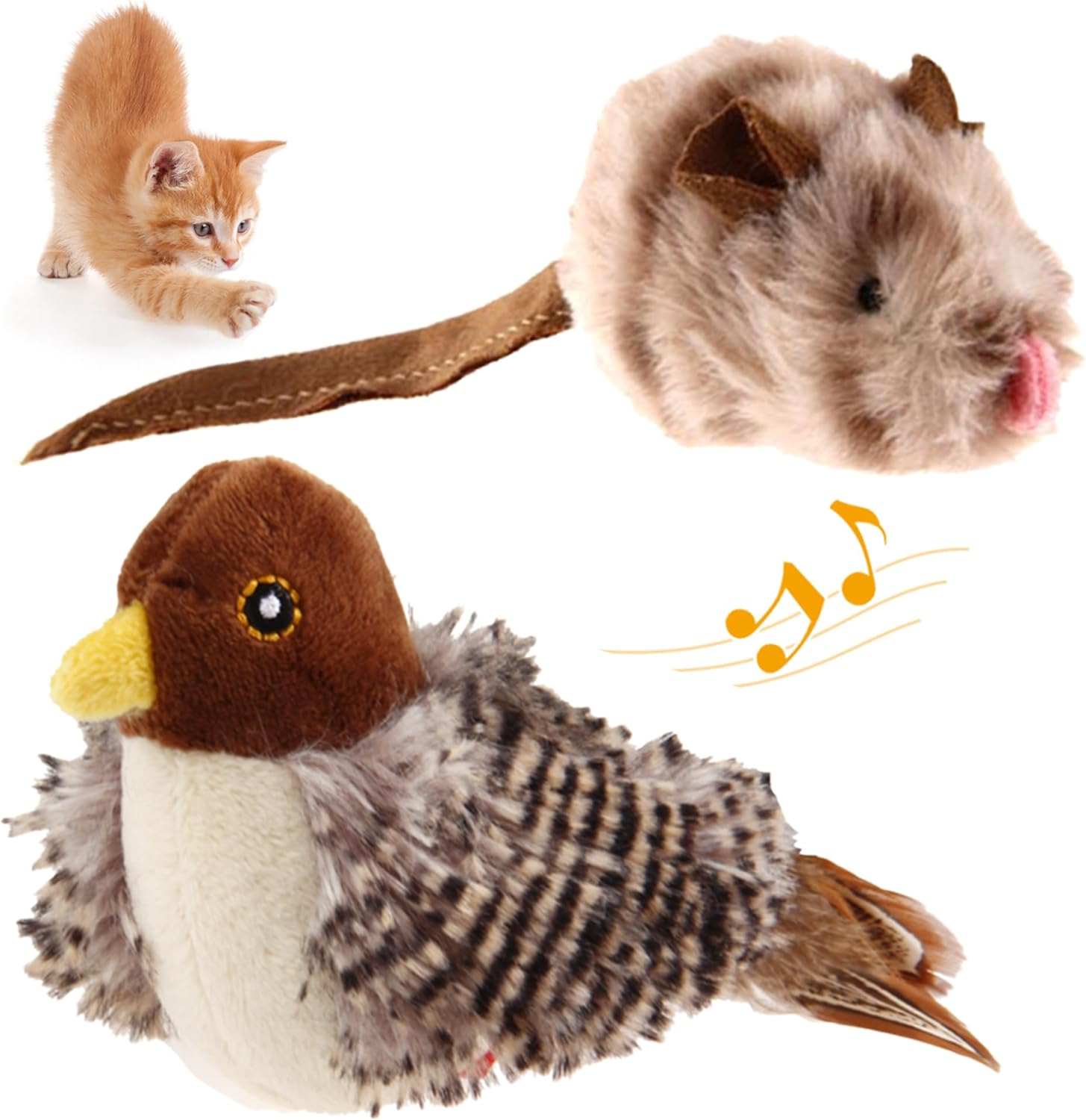 Chirping Bird Cat Toy Set, Interactive Chasing Toy for Indoor Cat, Motion Activated Kitten Play Toys, Squeaky Cats Animal Feather Toy for All Breeds Cats Kicker image 0
