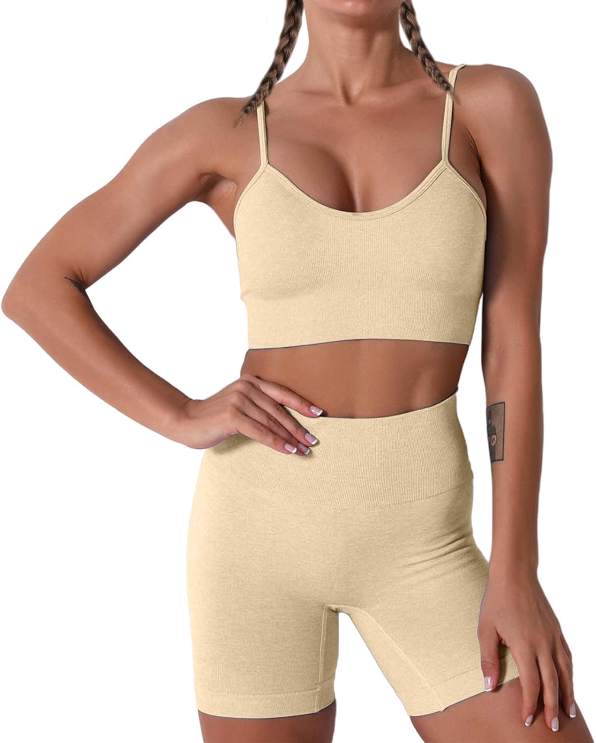 Women Seamless Yoga Set 2 Piece Workout Sport Bra with High Waist Shorts Legging Outfit Tracksuit. image 0