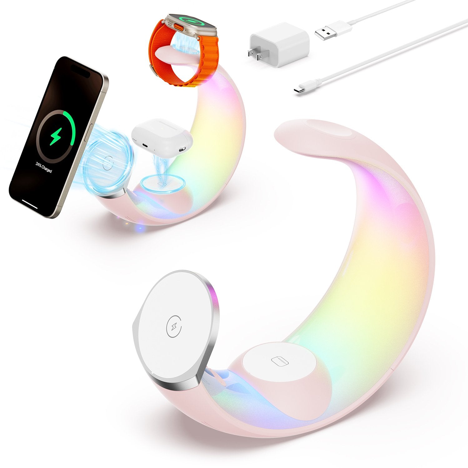 4-in-1 Crescent Magnetic Wireless Charger Stand For Multiple Devices NO Plug image 0