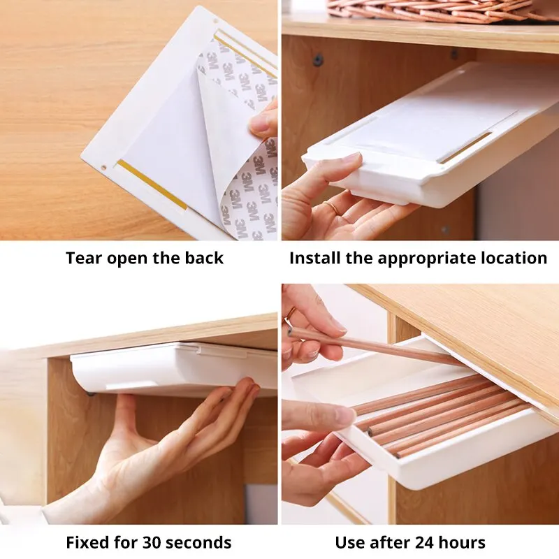 1Pc White Selfadhesive Storage Drawer Box Makeup Pencil Tray Desk Hidden under Desk Stand Self-Adhesive Under-Drawer Storage Box image 5