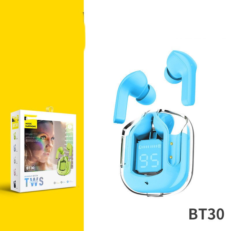 New Mini Transparent Wireless Bluetooth Headset Digital Display ENC Noise Reduction True Wireless Sports Music - Blue Boutique box packaging image