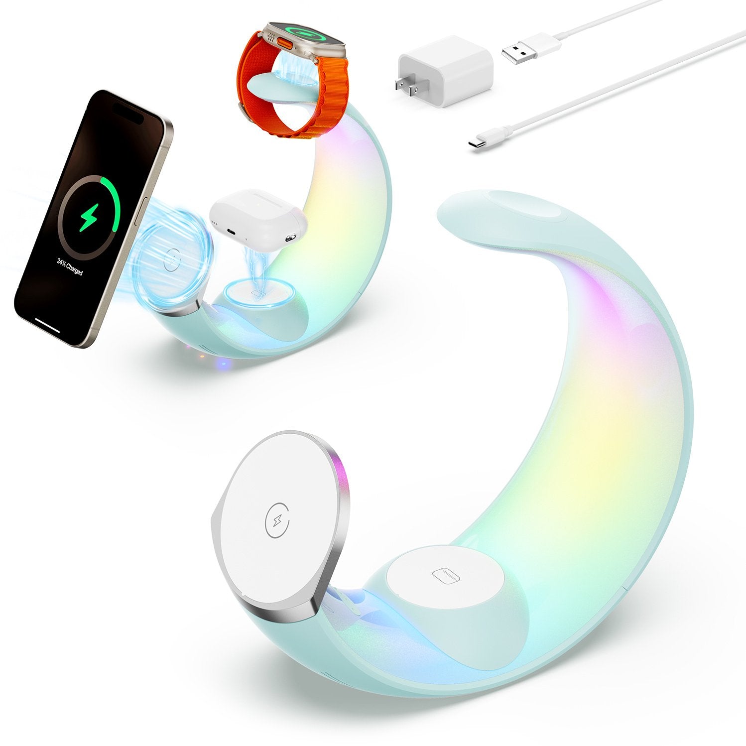 4-in-1 Crescent Magnetic Wireless Charger Stand For Multiple Devices NO Plug - Blue image