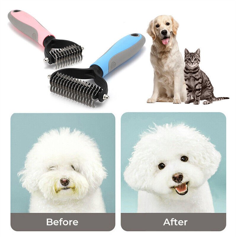 Grooming Brush For Pet Dog Cat Deshedding Tool Rake Comb Fur Remover Reduce 2-Side Dematting Tool For Dogs Cats Pets Grooming Brush Double Sided Shedding And Dematting Undercoat Rake Hair Removal Comb image 0