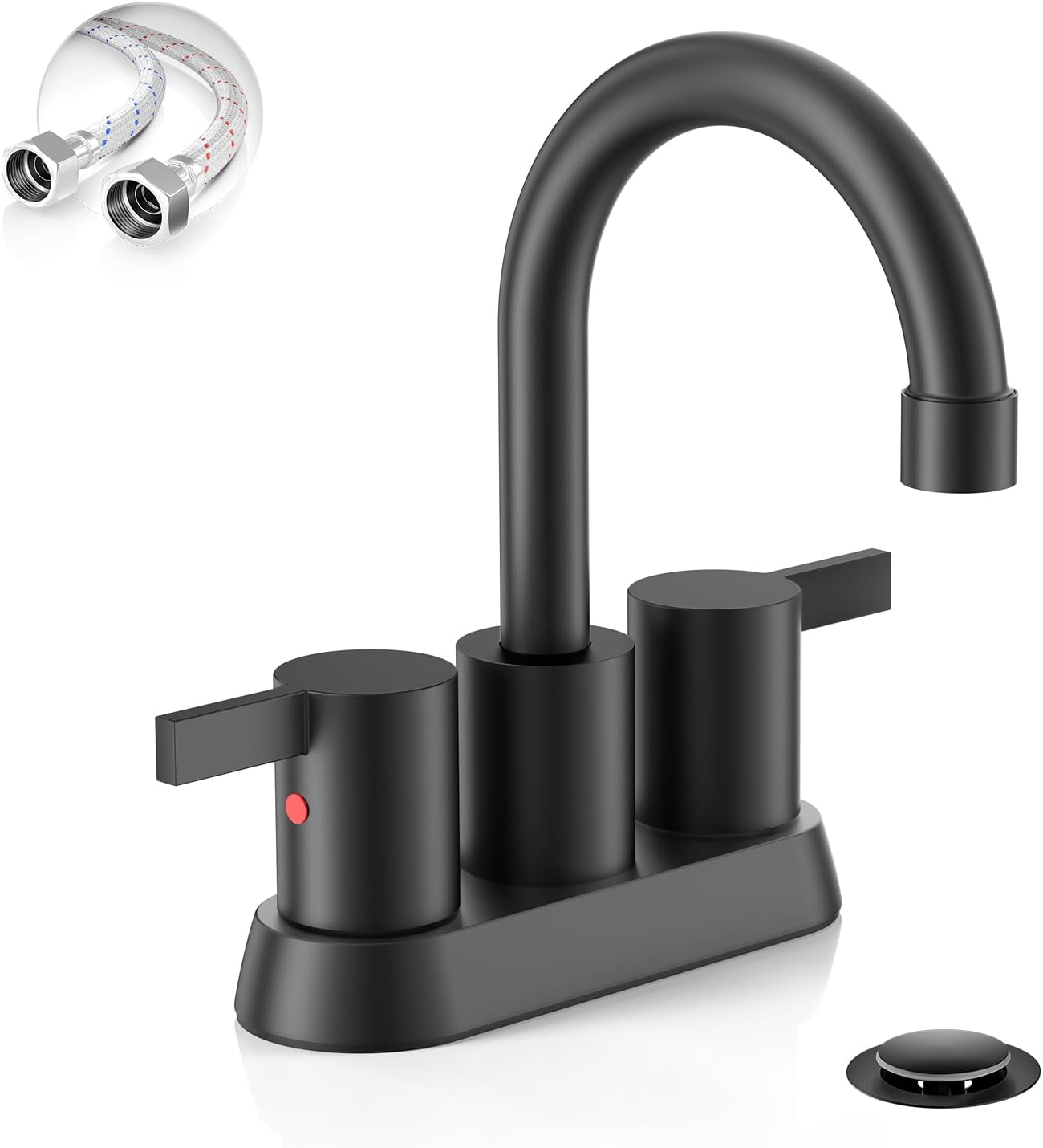 4 Inch 2 Handle Centerset Matte Black Lead-Free Modern Bathroom Faucet, 360 Swivel Spout 2-3 Hole RV Bathroom Vanity Sink Faucet with Pop up Drain and Water Supply Lines，Bf015-1-Mb image 0