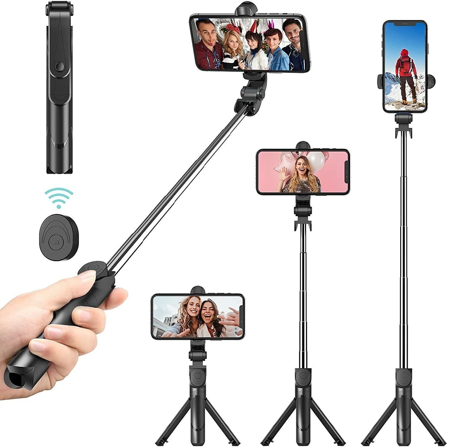 Bluetooth Selfie Tripod Telescopic Stick Remote Monopod Extendable Phone Holder - Black image