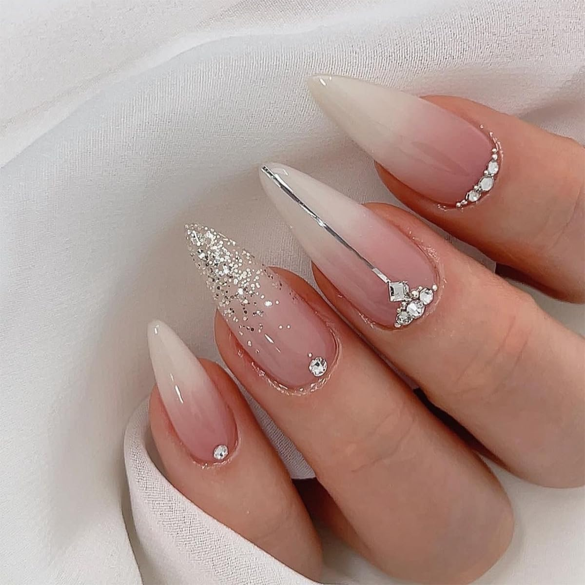 Medium Press on Nails Almond Ombre White Pink Silver Fake Nails Rhinestone Bling Glue on Nails Women Cute Stick on Nails for Acrylic Gel False Nails Wedding Birthday image 0