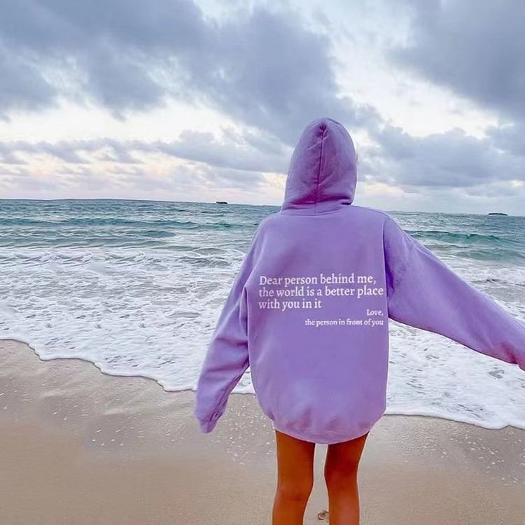 Dear Person Behind Me,the World Is A Better Place,with You In It,love,the Person In Front Of You,Women's Plush Letter Printed Kangaroo Pocket Drawstring Printed Hoodie Unisex Trendy Hoodies image 5