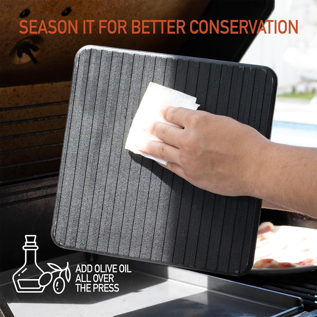 The Beef Master Cast Iron Grill Press - XL Burger Press, Pre-Seasoned Griddle Press, Heavy Duty Meat Press for Bacon, Burgers, and Steak with Cool Touch Handle - 10”X10”X4” image 7