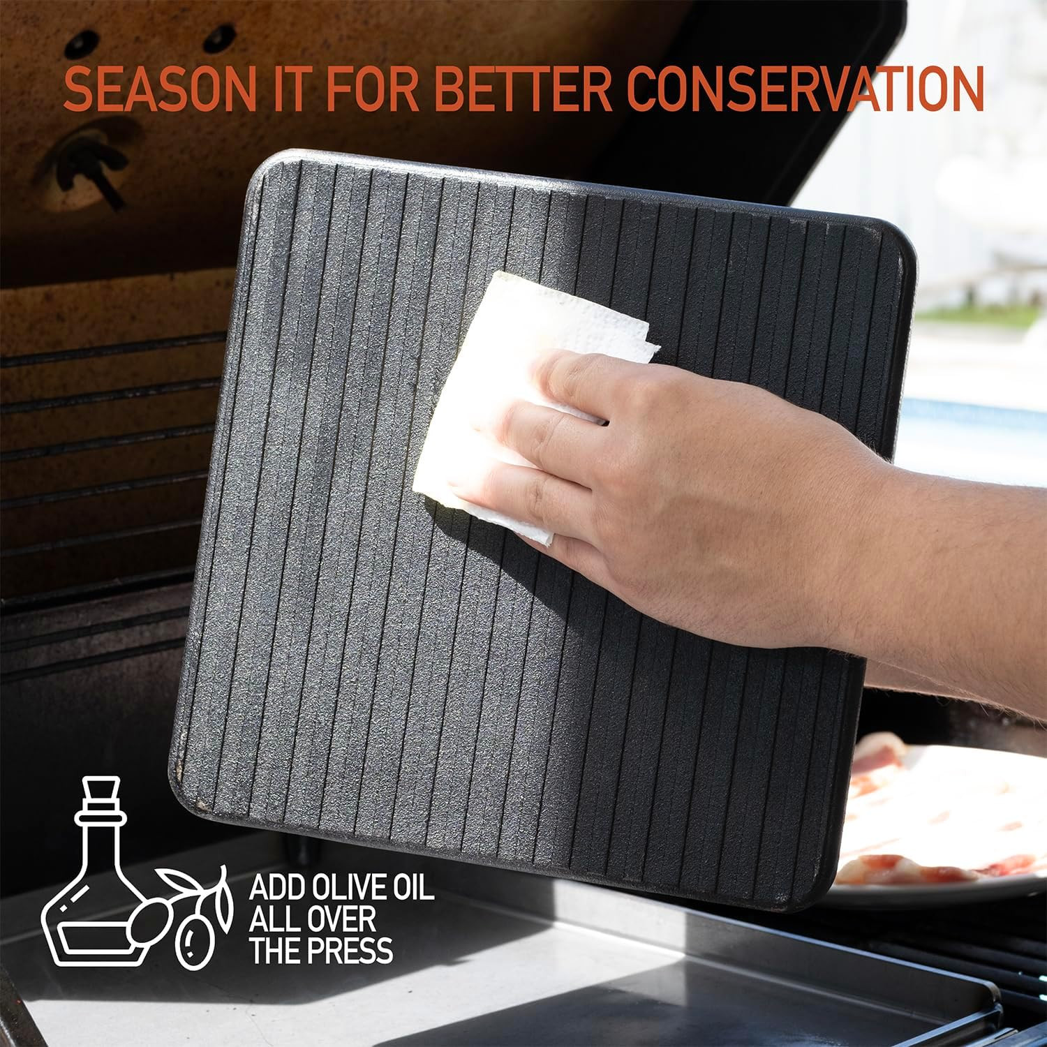 The Beef Master Cast Iron Grill Press - XL Burger Press, Pre-Seasoned Griddle Press, Heavy Duty Meat Press for Bacon, Burgers, and Steak with Cool Touch Handle - 10”X10”X4” image 7