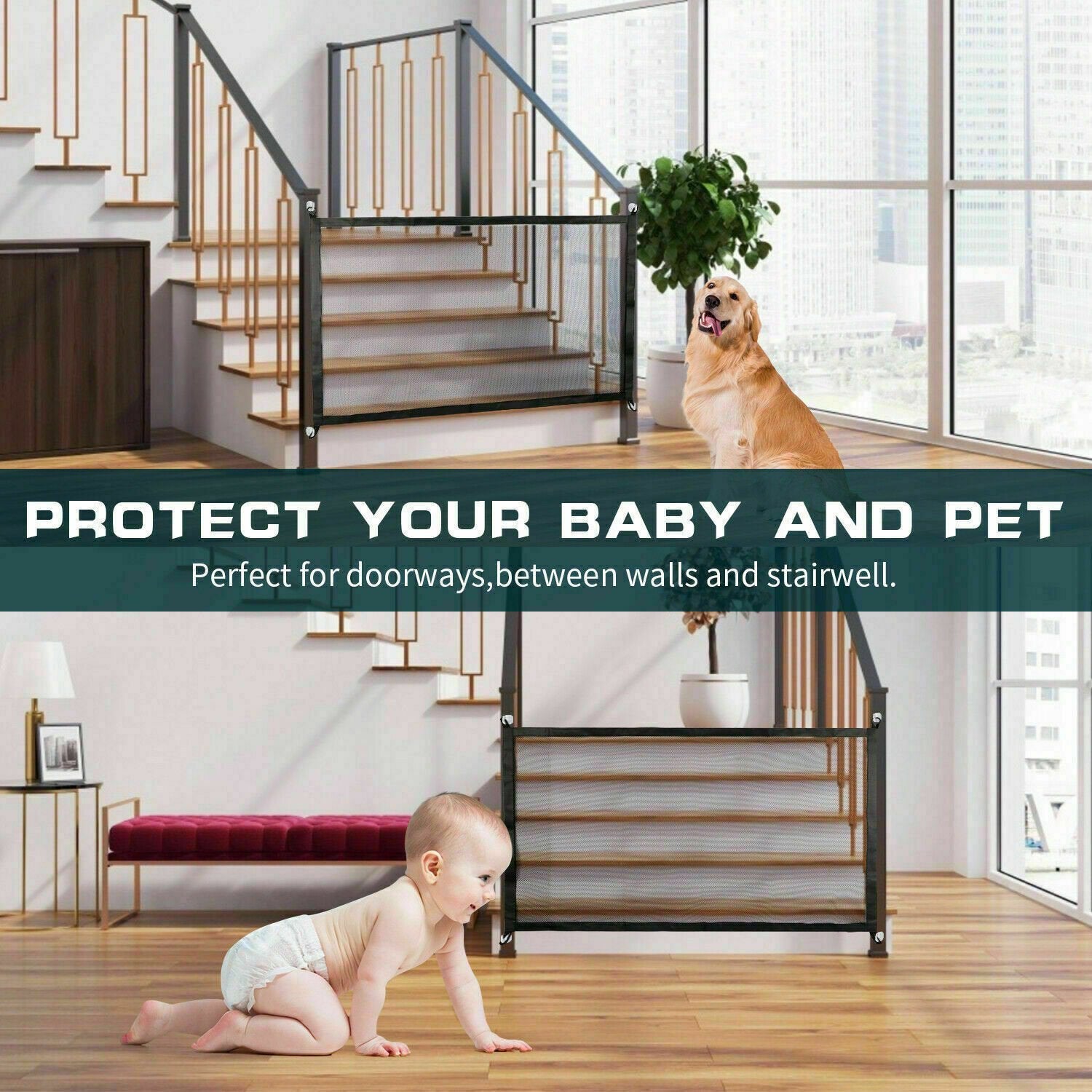 Pets Dog Cat Baby Safety Gate Mesh Fence Magic Portable Guard Net Stairs Doors image 2