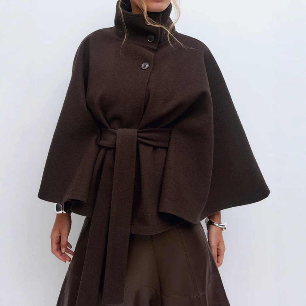 Winter High Neck Batwing Sleeve Coat With Belt Fashion Loose Elegant Button Top Trench Coat For Women Clothing image 1