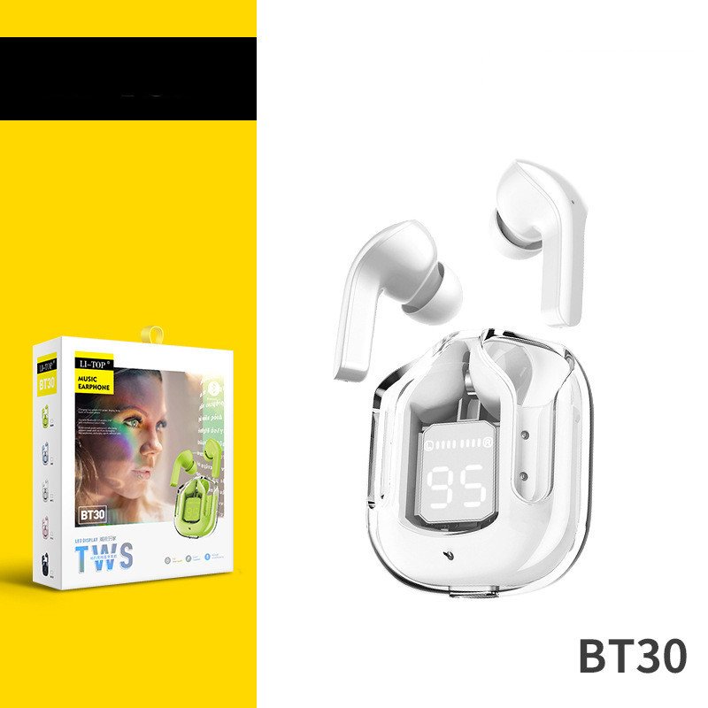 New Mini Transparent Wireless Bluetooth Headset Digital Display ENC Noise Reduction True Wireless Sports Music - White Boutique box packaging image