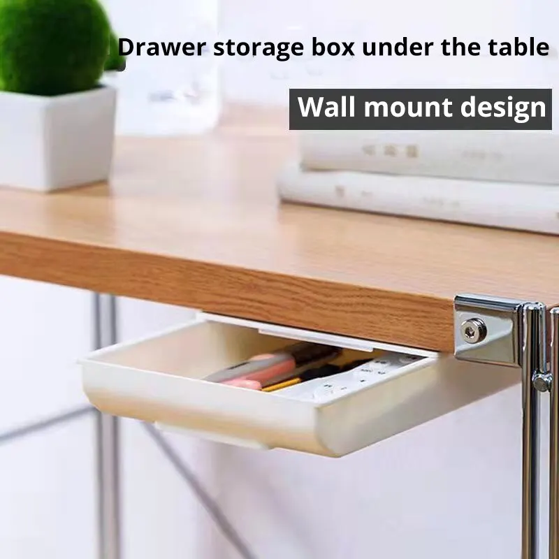 1Pc White Selfadhesive Storage Drawer Box Makeup Pencil Tray Desk Hidden under Desk Stand Self-Adhesive Under-Drawer Storage Box image 3