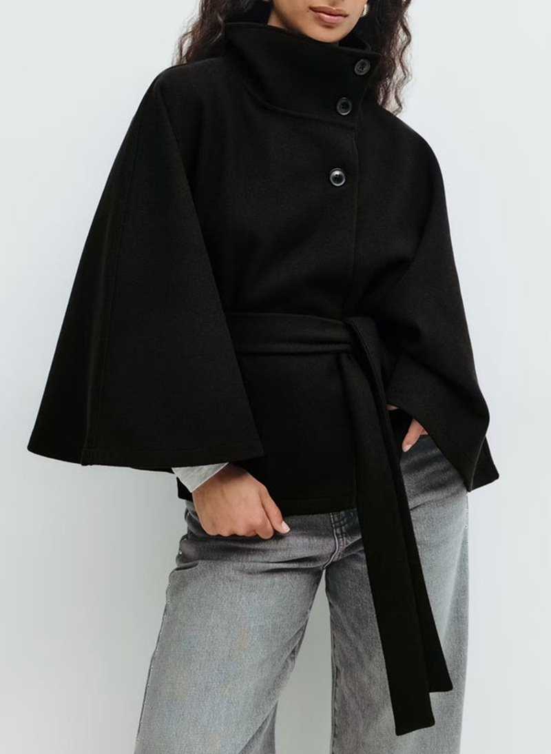 Winter High Neck Batwing Sleeve Coat With Belt Fashion Loose Elegant Button Top Trench Coat For Women Clothing - Black, M image