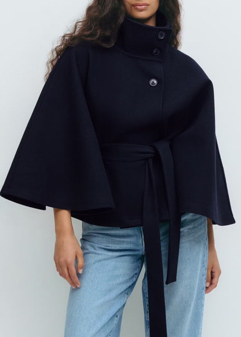 Winter High Neck Batwing Sleeve Coat With Belt Fashion Loose Elegant Button Top Trench Coat For Women Clothing - Navy Blue, S image