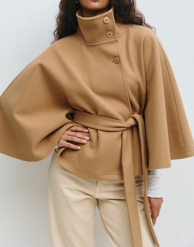 Winter High Neck Batwing Sleeve Coat With Belt Fashion Loose Elegant Button Top Trench Coat For Women Clothing - Khaki, M image