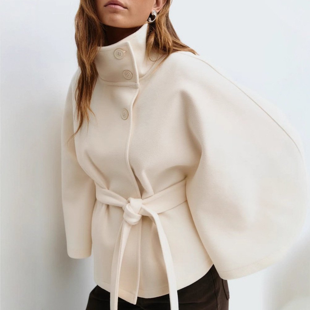 Winter High Neck Batwing Sleeve Coat With Belt Fashion Loose Elegant Button Top Trench Coat For Women Clothing image 6