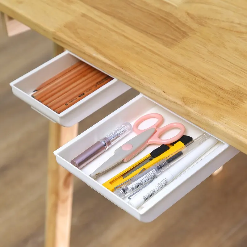 1Pc White Selfadhesive Storage Drawer Box Makeup Pencil Tray Desk Hidden under Desk Stand Self-Adhesive Under-Drawer Storage Box image 2