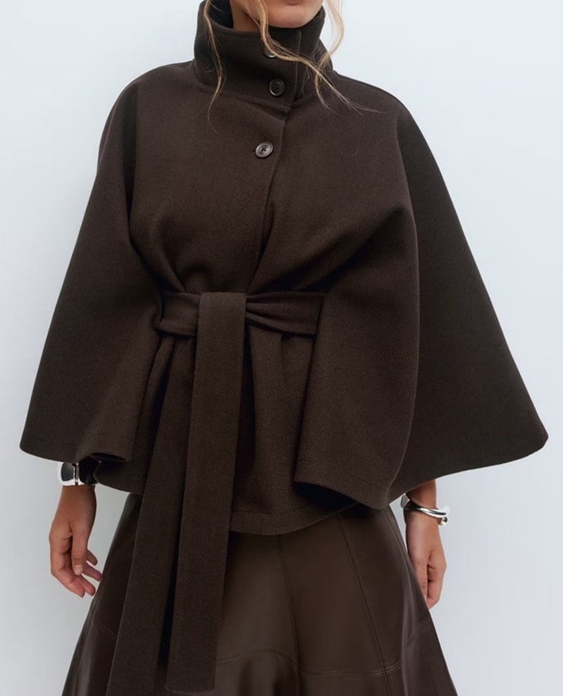 Winter High Neck Batwing Sleeve Coat With Belt Fashion Loose Elegant Button Top Trench Coat For Women Clothing - Brown, S image