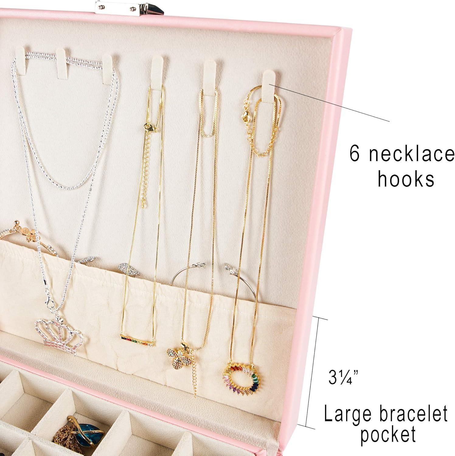 Earring Organizer Classic Jewelry Box 50 Slots Double Layer Jewelry Storage Case with 6 Necklace Hook and Bracelet Pocket(Pink) image 2