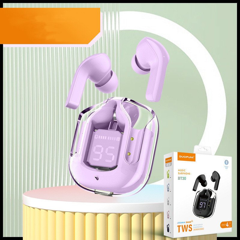 New Mini Transparent Wireless Bluetooth Headset Digital Display ENC Noise Reduction True Wireless Sports Music - Large gift box Purple image