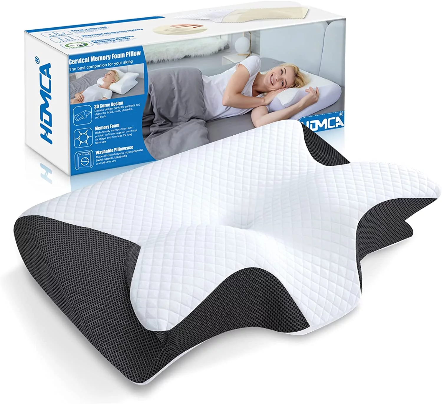 Memory Foam Cervical Sleeping Pillow, 2 in 1 Ergonomic Contour Orthopedic Pillow for Neck Pain, Contoured Support Pillows for Side Back Stomach Sleepers 3.3 Lb （Gray) - Black image