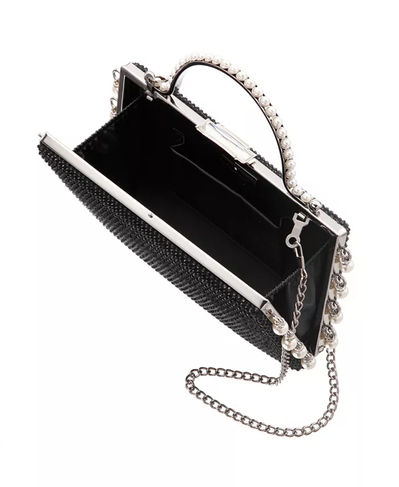 Cultivated Pearl Dangle Crystal Embellished Minaudiere Clutch image 7