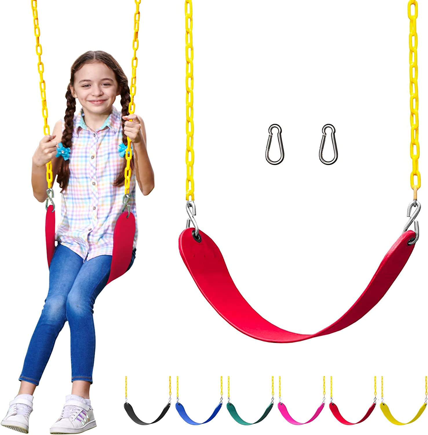 Outdoor Swing Seat Replacement - Pack of 1 Replacement Swings for Swingsets for outside with Plastic Coated Chains and 2 Hooks, Playground Accessories, Red image 0