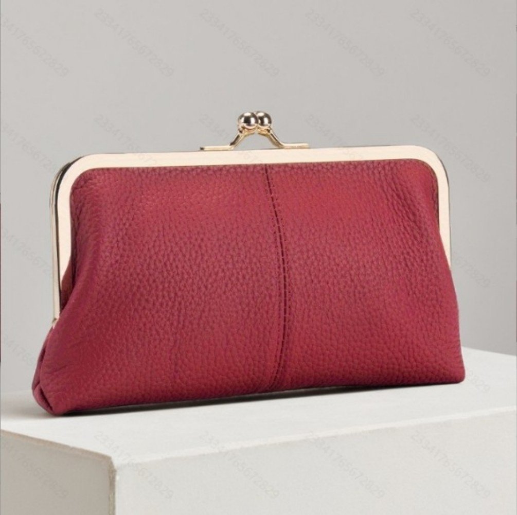 Wallet For Women, Genuine Leather Coin Purse Kiss Lock Wallets With Zipper Coin Pocket, Multi-card Slots Card Holder - Red image