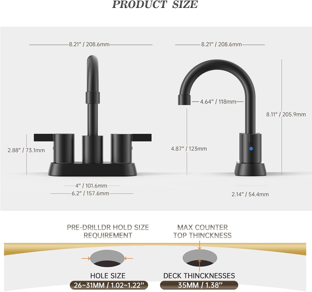 4 Inch 2 Handle Centerset Matte Black Lead-Free Modern Bathroom Faucet, 360 Swivel Spout 2-3 Hole RV Bathroom Vanity Sink Faucet with Pop up Drain and Water Supply Lines，Bf015-1-Mb image 5