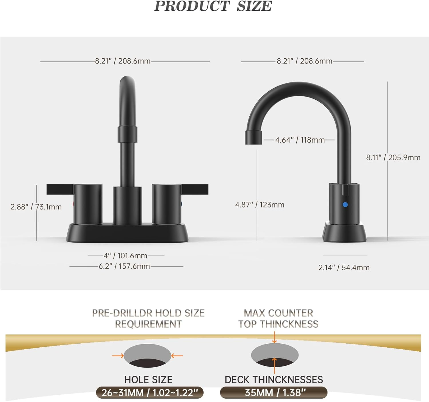 4 Inch 2 Handle Centerset Matte Black Lead-Free Modern Bathroom Faucet, 360 Swivel Spout 2-3 Hole RV Bathroom Vanity Sink Faucet with Pop up Drain and Water Supply Lines，Bf015-1-Mb image 5