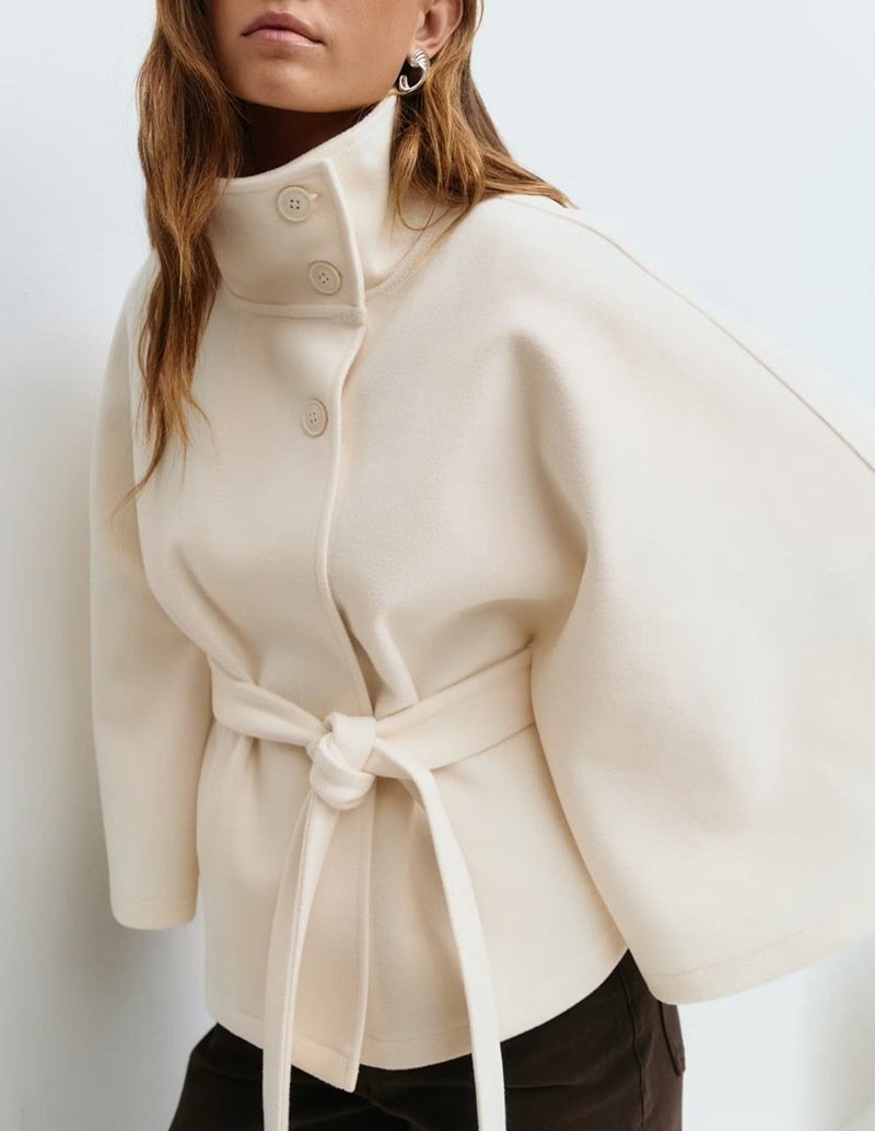 Winter High Neck Batwing Sleeve Coat With Belt Fashion Loose Elegant Button Top Trench Coat For Women Clothing image 4