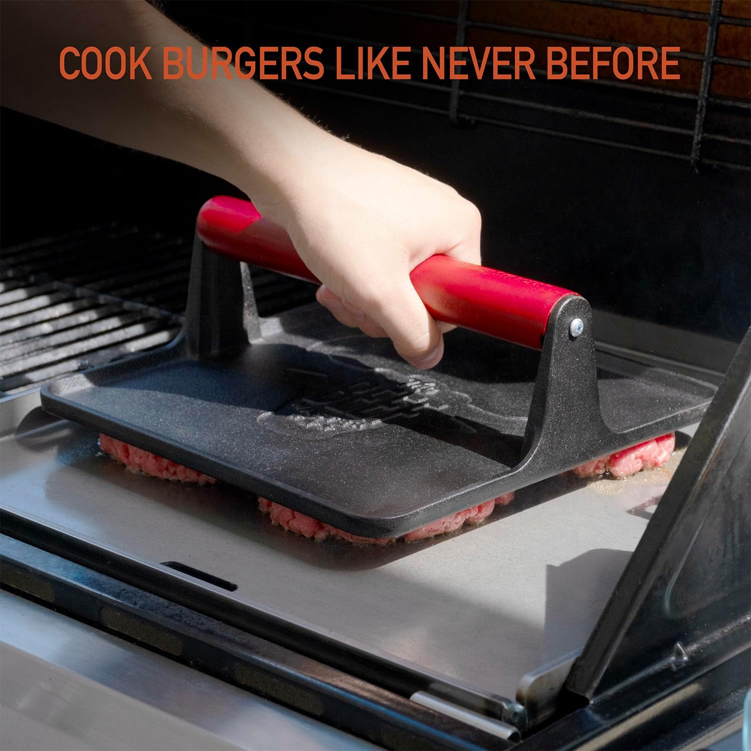 The Beef Master Cast Iron Grill Press - XL Burger Press, Pre-Seasoned Griddle Press, Heavy Duty Meat Press for Bacon, Burgers, and Steak with Cool Touch Handle - 10”X10”X4” image 3