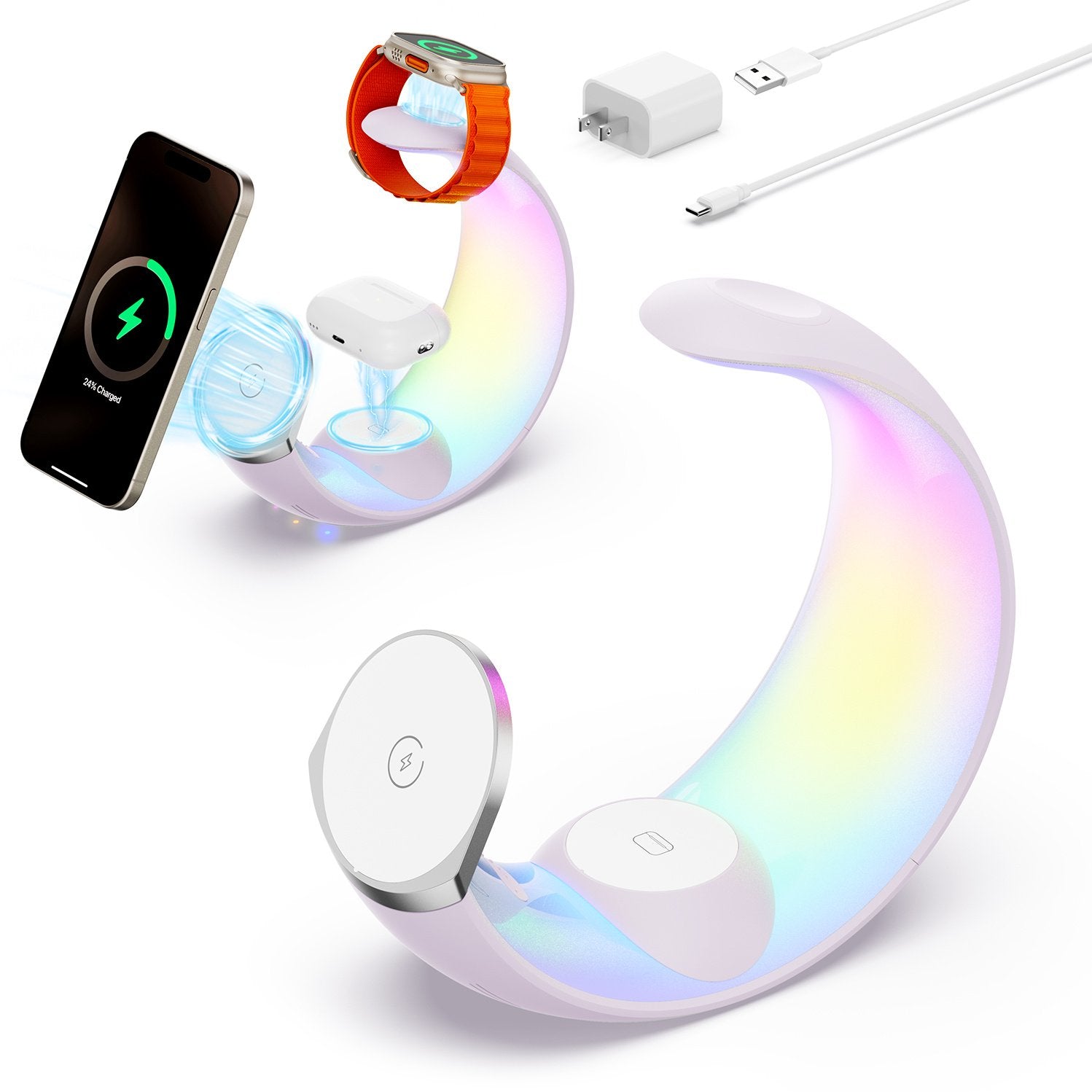4-in-1 Crescent Magnetic Wireless Charger Stand For Multiple Devices NO Plug - Purple image