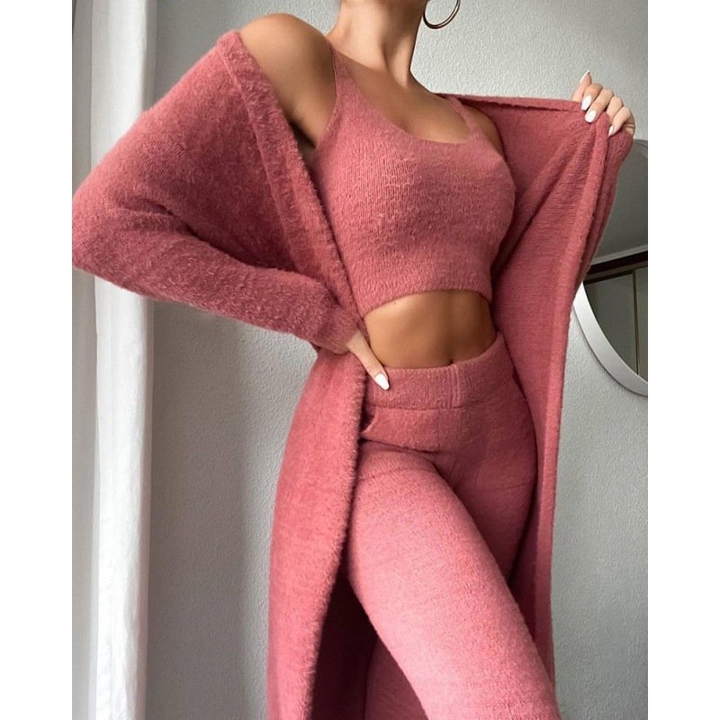 Cozy Pajama Set, 3 Piece Lounge Set, Cute Loungewear, Warm Suit Sets, Matching Set, Lounge Set, 3 Piece Pant Sets, Women Winter Dress - Pink, L image