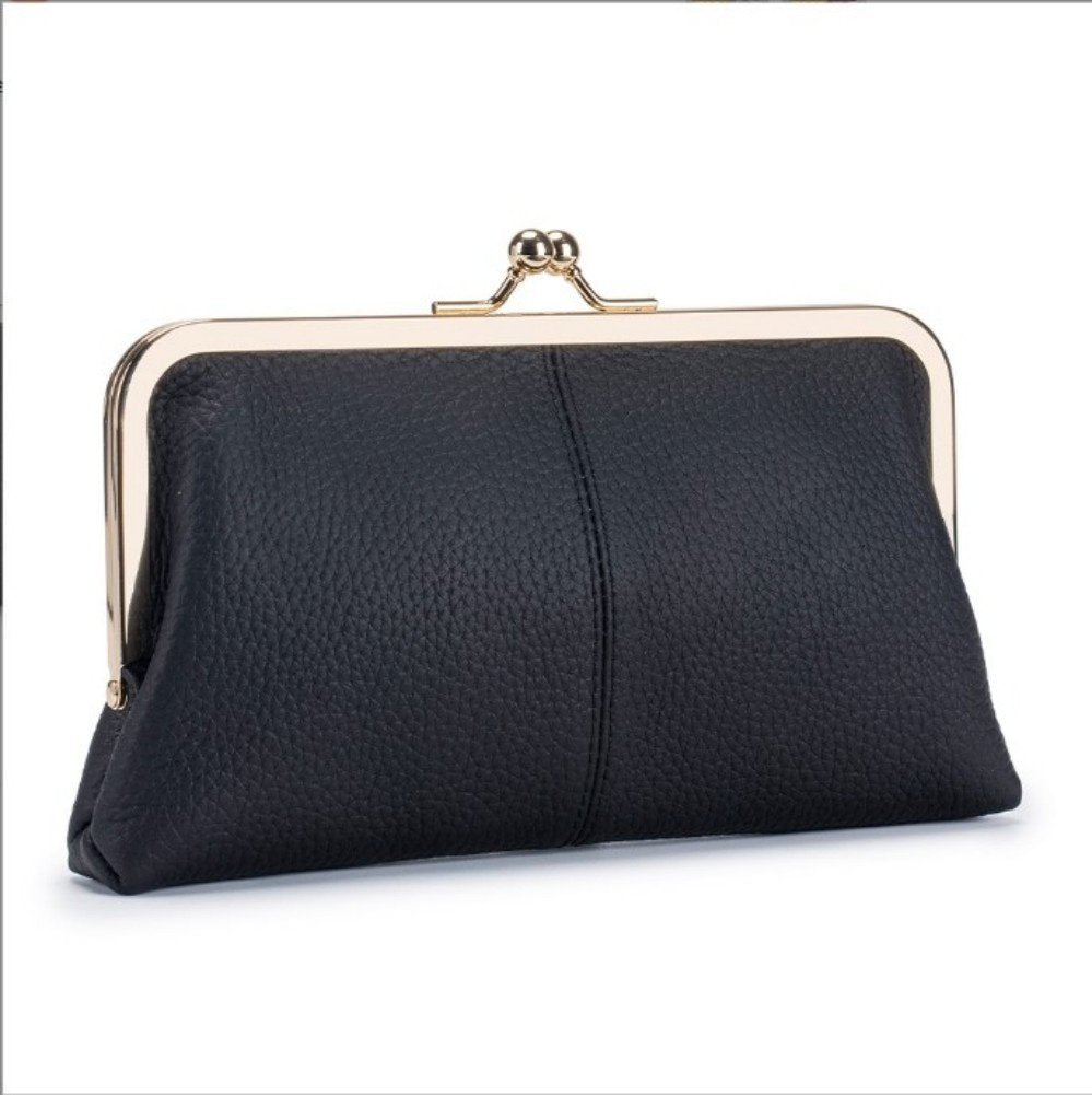 Wallet For Women, Genuine Leather Coin Purse Kiss Lock Wallets With Zipper Coin Pocket, Multi-card Slots Card Holder - Black image