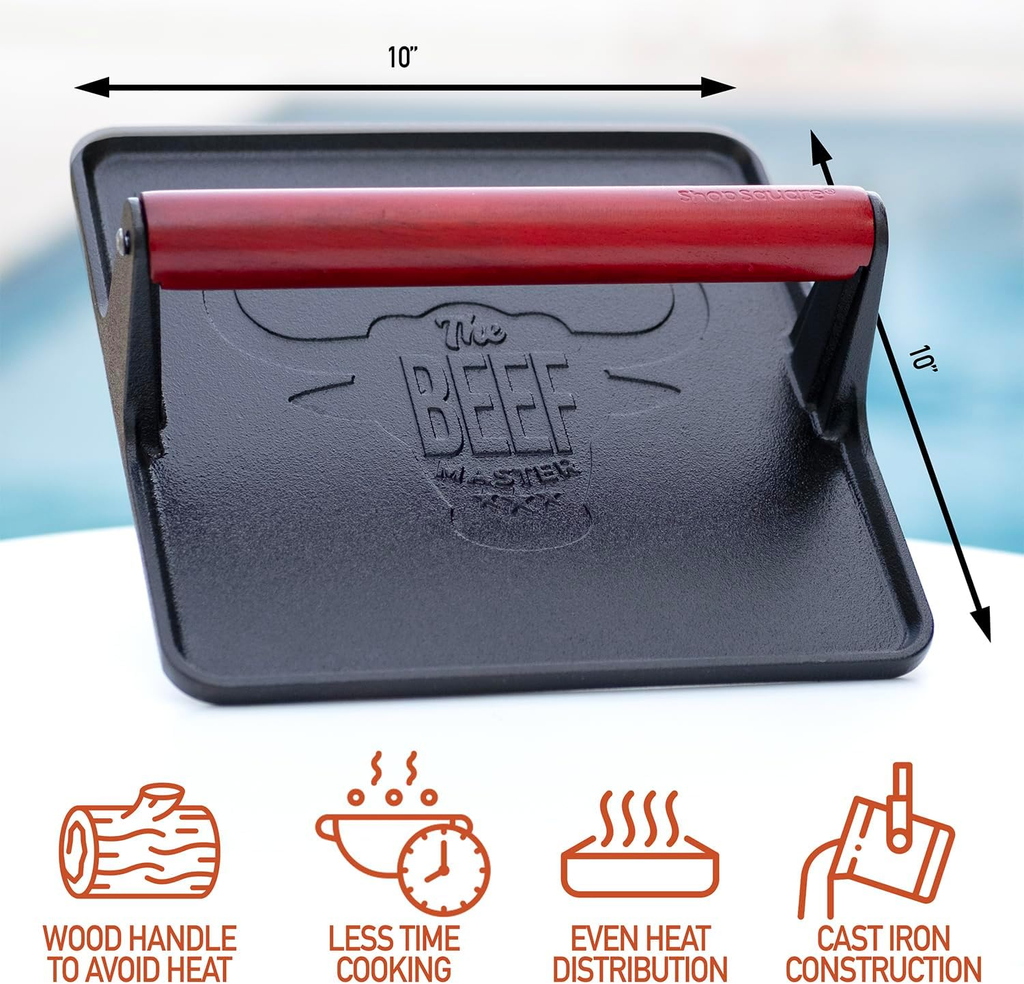 The Beef Master Cast Iron Grill Press - XL Burger Press, Pre-Seasoned Griddle Press, Heavy Duty Meat Press for Bacon, Burgers, and Steak with Cool Touch Handle - 10”X10”X4” image 1