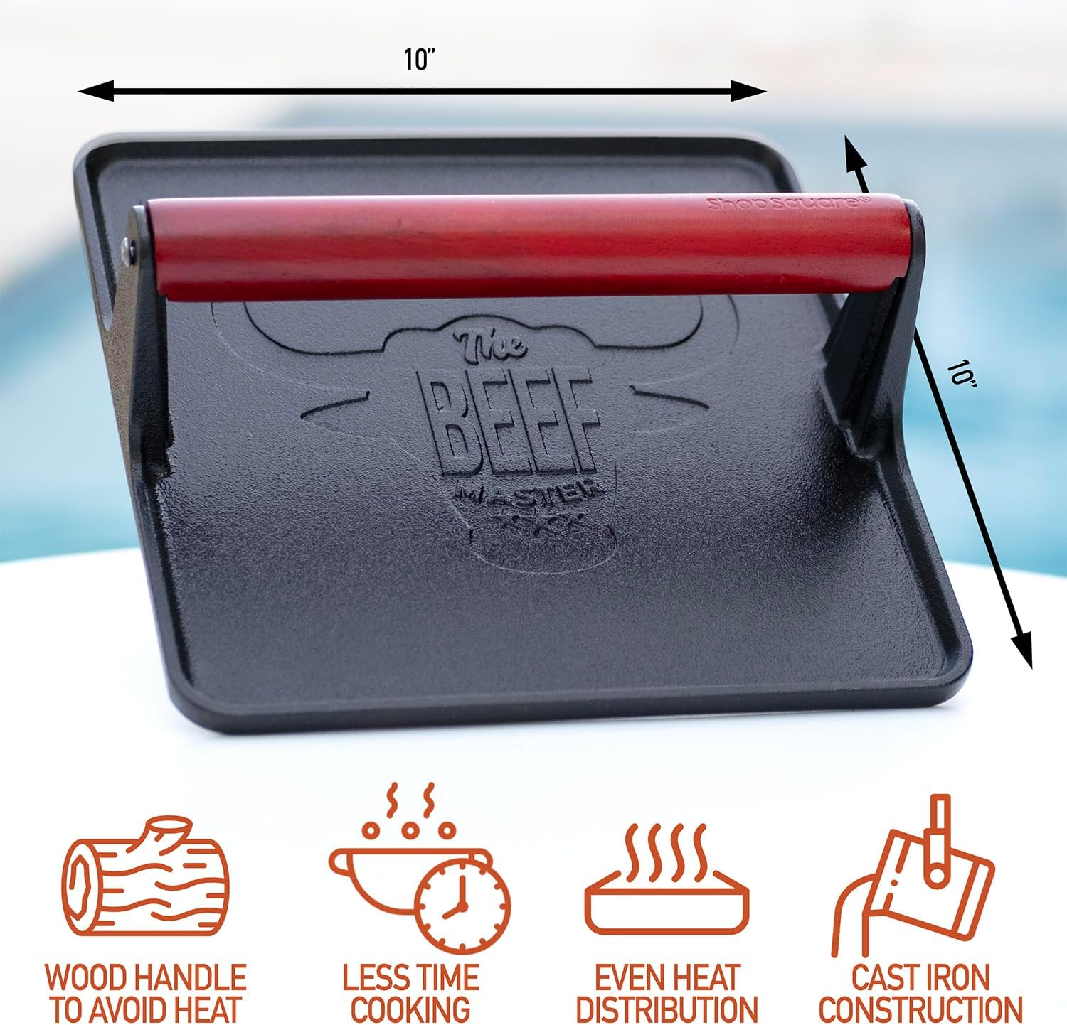 The Beef Master Cast Iron Grill Press - XL Burger Press, Pre-Seasoned Griddle Press, Heavy Duty Meat Press for Bacon, Burgers, and Steak with Cool Touch Handle - 10”X10”X4” image 1