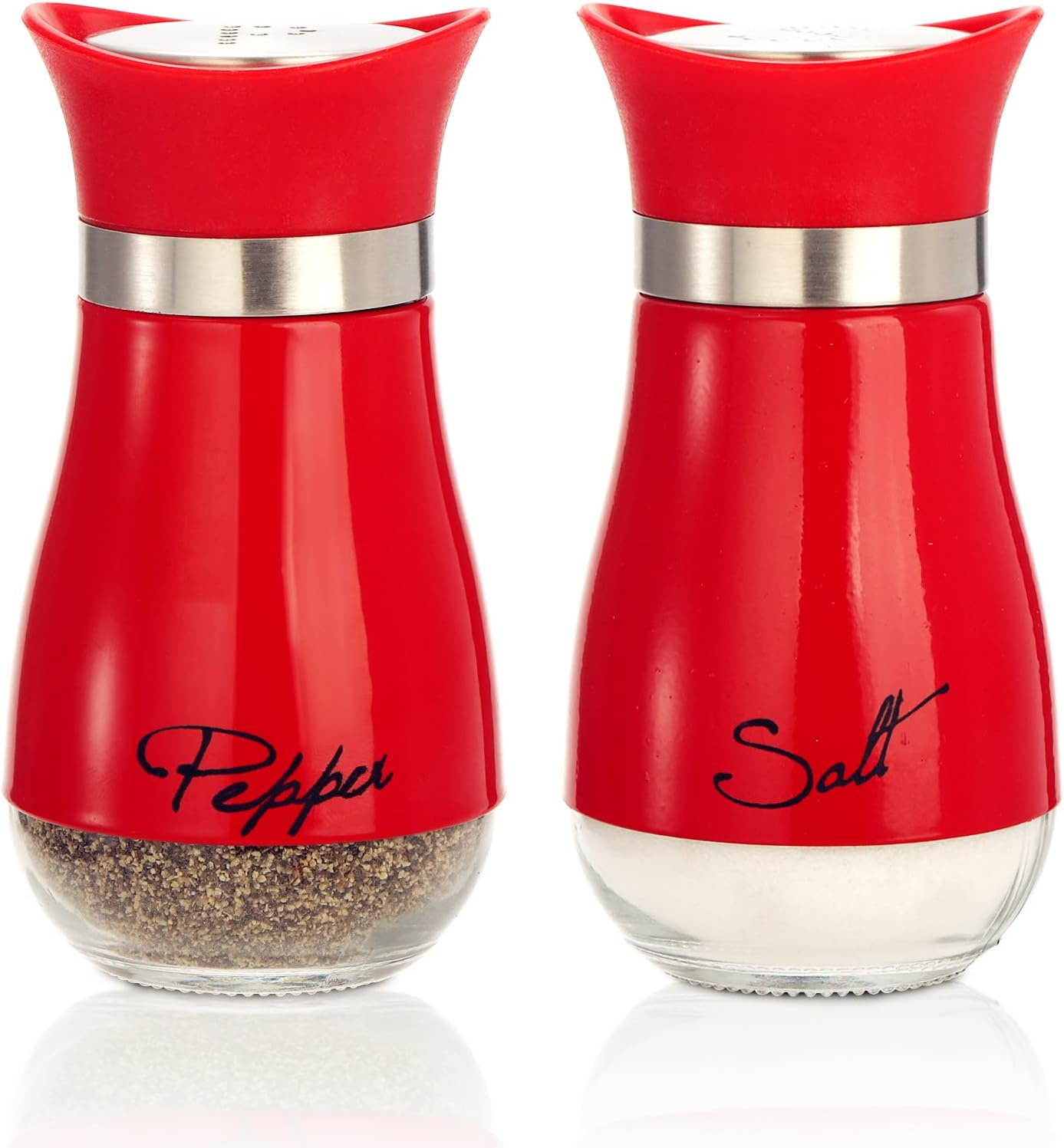 4 Ounces Red Salt and Pepper Shakers Set, Elegant Stainless Steel with Glass Bottom image 0