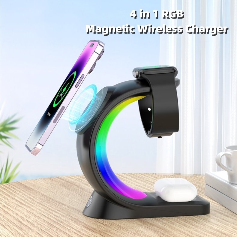 4 In 1 Magnetic Wireless Charger Fast Charging For Smart Phone Atmosphere Light Charging Station For Airpods Pro I-phone Watch image 0