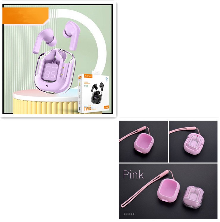 New Mini Transparent Wireless Bluetooth Headset Digital Display ENC Noise Reduction True Wireless Sports Music - Large gift box Purple set image
