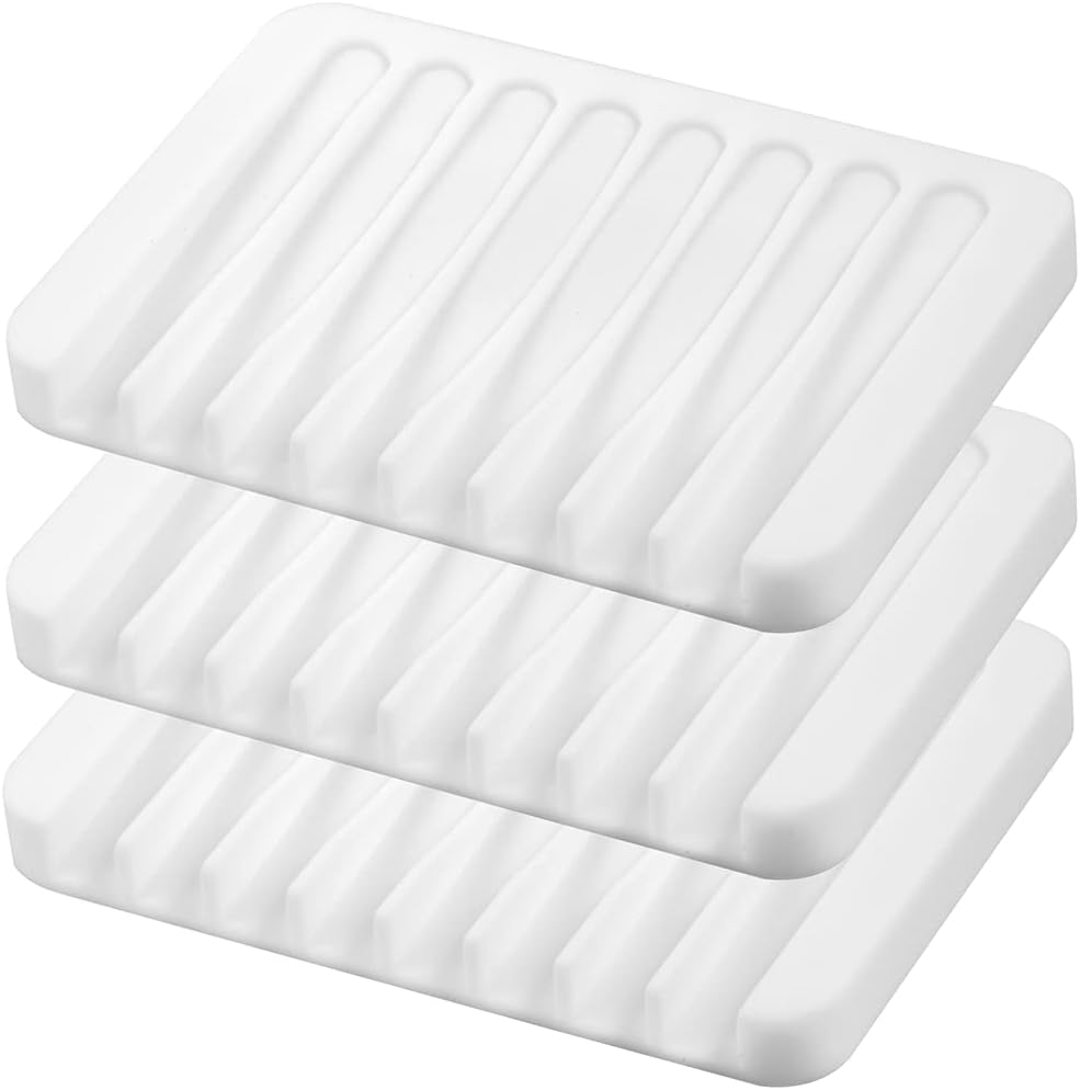 3PCS Self Draining Soap Holder, Premium Silicone Soap Dish, Soap Saver for Shower, Bathroom, Kitchen, Bath Tub, Sponges,Keep Soap Bars Dry Clean,Easy Clean,Extend Soap Life (White) image 0