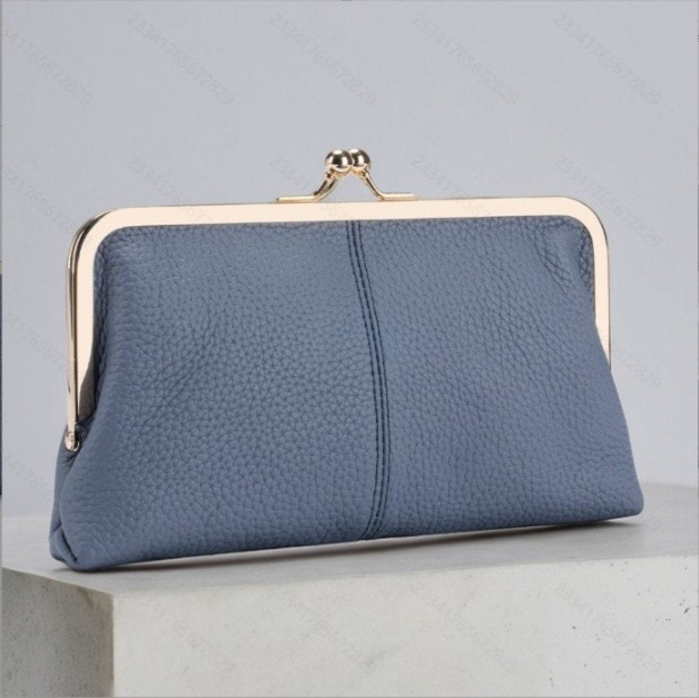 Wallet For Women, Genuine Leather Coin Purse Kiss Lock Wallets With Zipper Coin Pocket, Multi-card Slots Card Holder - Blue image