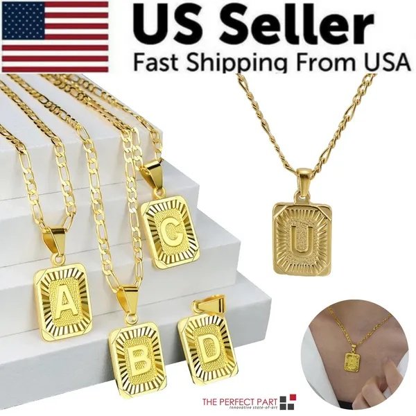 Gold Plated Initial Letter Pendant Necklace Stainless Steel Figaro Chain - U image