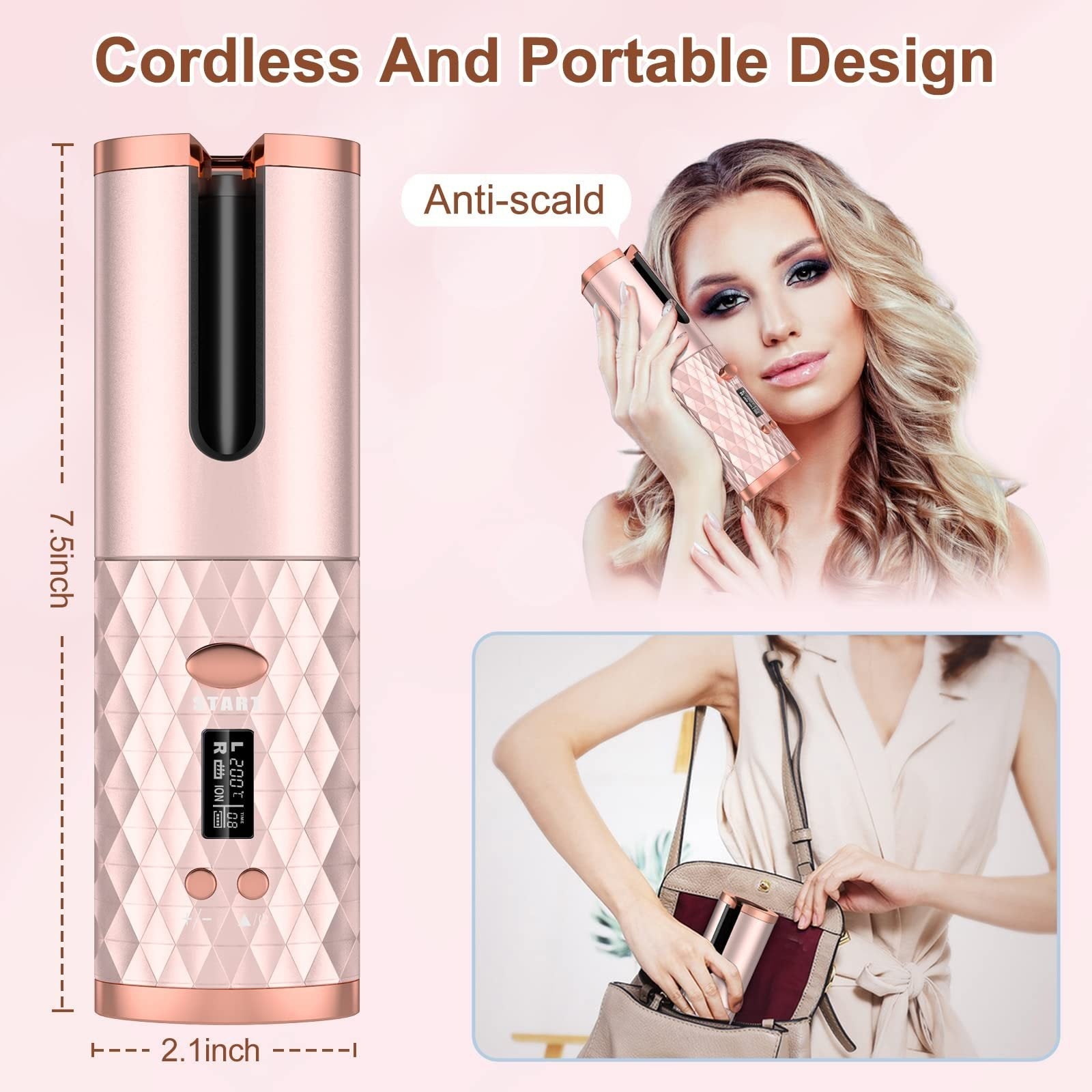Portable Automatic Hair Curler, Ceramic Rotating Wireless Auto Curling Iron Wand, Portable USB Rechargeable Spin Curler For Hair Styling - Pink image