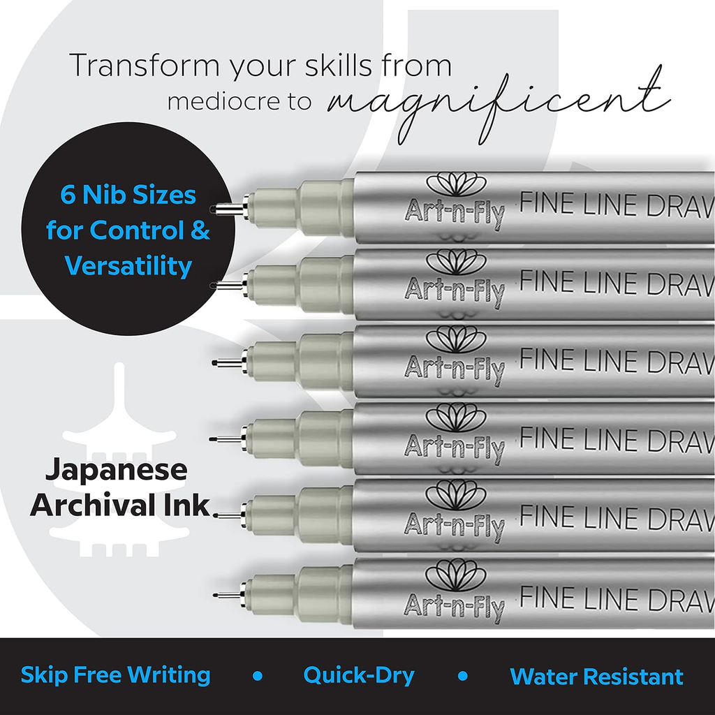 Micro Pen Set - 6 Assorted Sizes - Black Ink Fineliner Pens | Waterproof, No Bleed &amp; Quick-Dry Fine Point Pen with Japanese Archival Pigment Ink for Drawing, Sketching, Manga, Illustration image 2