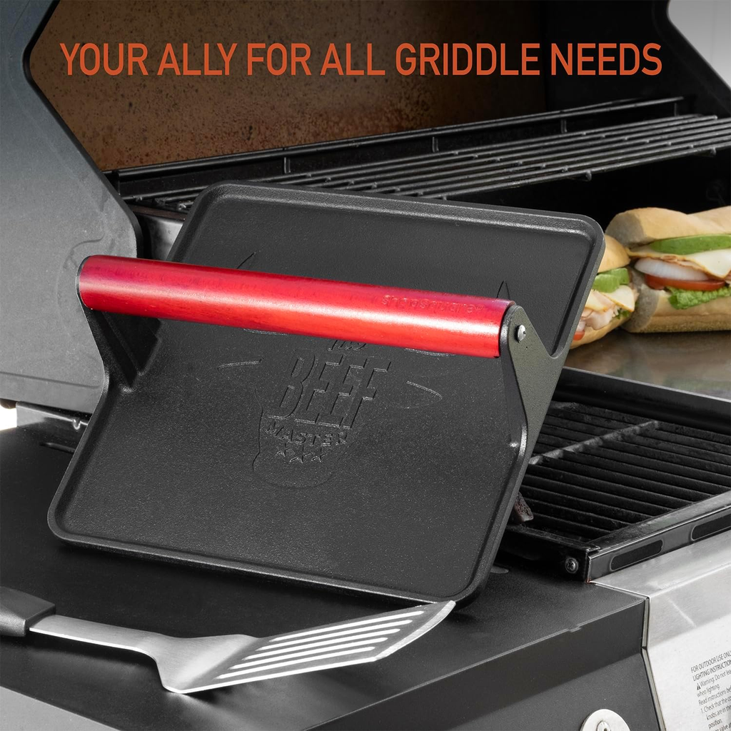 The Beef Master Cast Iron Grill Press - XL Burger Press, Pre-Seasoned Griddle Press, Heavy Duty Meat Press for Bacon, Burgers, and Steak with Cool Touch Handle - 10”X10”X4” image 6