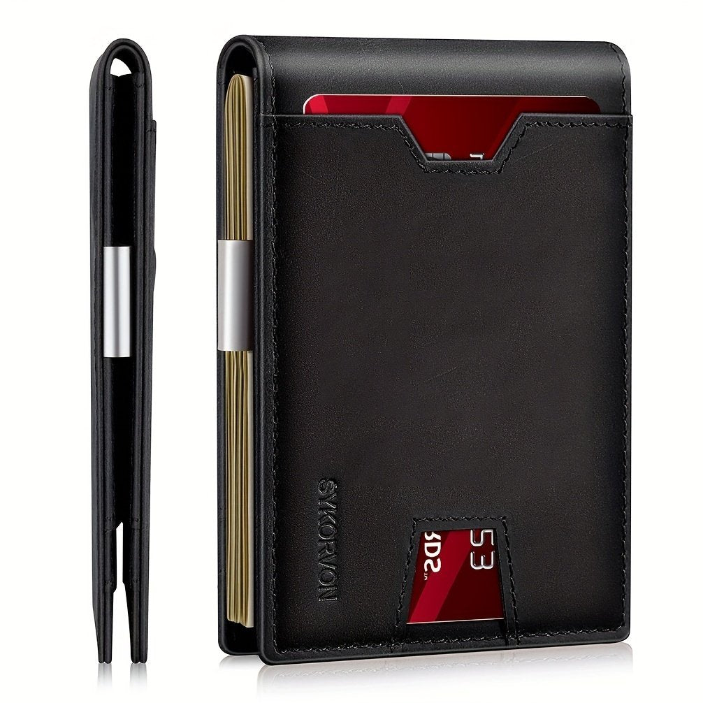 Genuine Leather Bifold Wallet Men, RFID Shielding Wallet Front Pocket Wallet, Suitable For Son And Daughter To Send Daddy's Wallet - Black image