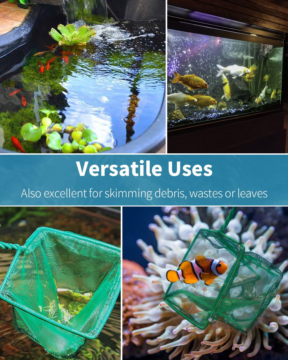 Aquarium Fish Net with Braided Metal Handle Square Net with Soft Fine Mesh Sludge Food Residue Wastes Skimming Cleaning Net for Fish Tanks Small Koi Ponds and Pools image 3